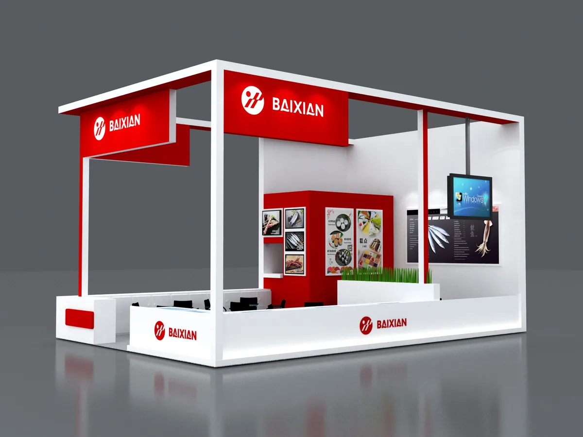 Exterior design rendering of Baixian’s red-and-white exhibition booth, with branded overhead signs and a welcome counter.