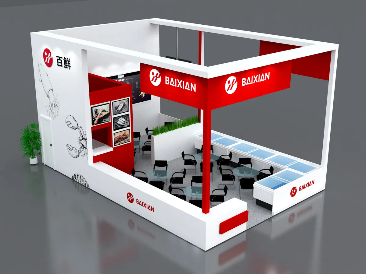 Elevated design rendering of Baixian’s exhibition booth, showing meeting tables, product displays and seafood illustrations.